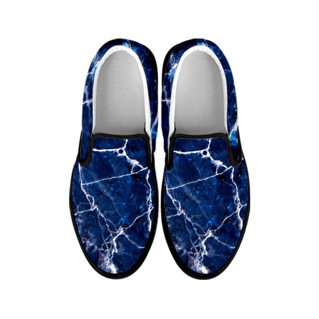 Blue White Marble Print Black Slip On Sneakers