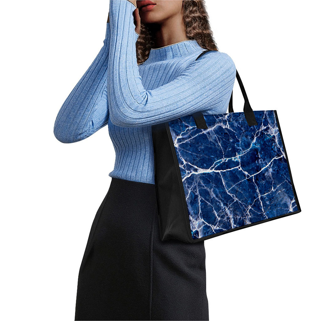Blue White Marble Print Canvas Tote Bag