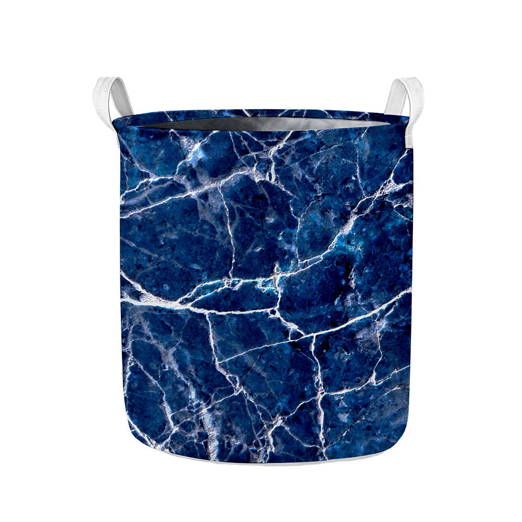 Blue White Marble Print Collapsible Laundry Basket