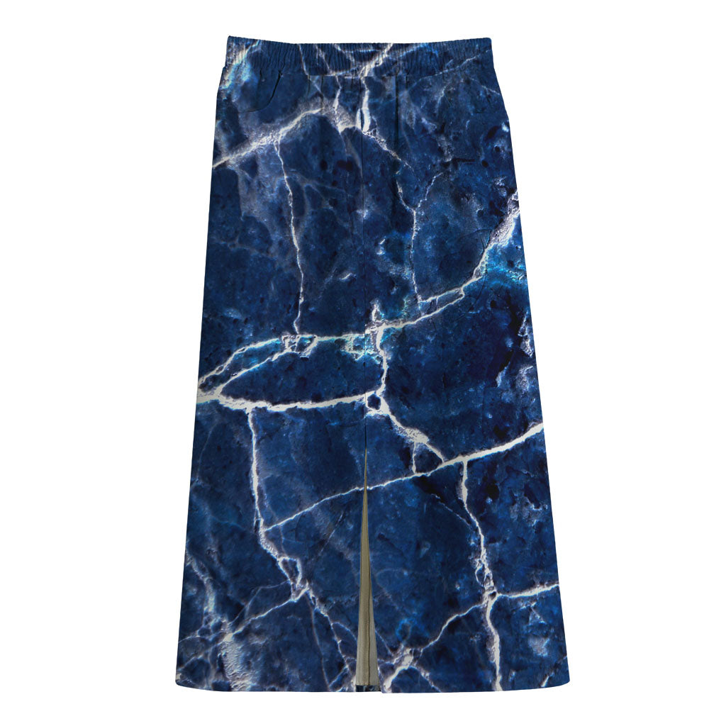 Blue White Marble Print Cotton Front Slit Maxi Skirt
