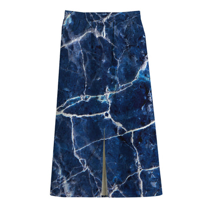 Blue White Marble Print Cotton Front Slit Maxi Skirt