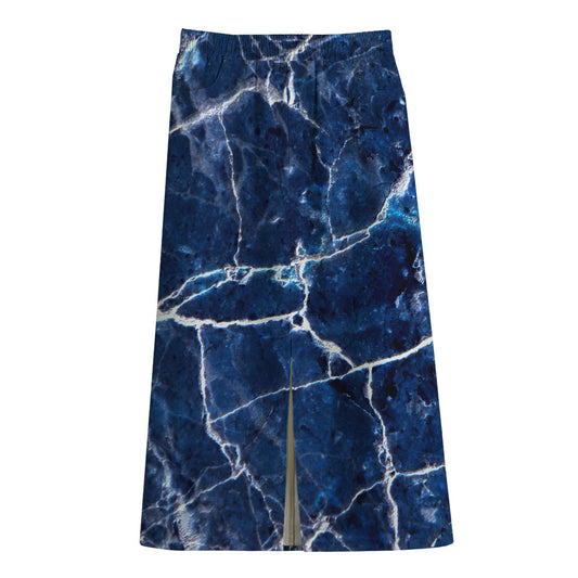 Blue White Marble Print Cotton Front Slit Maxi Skirt