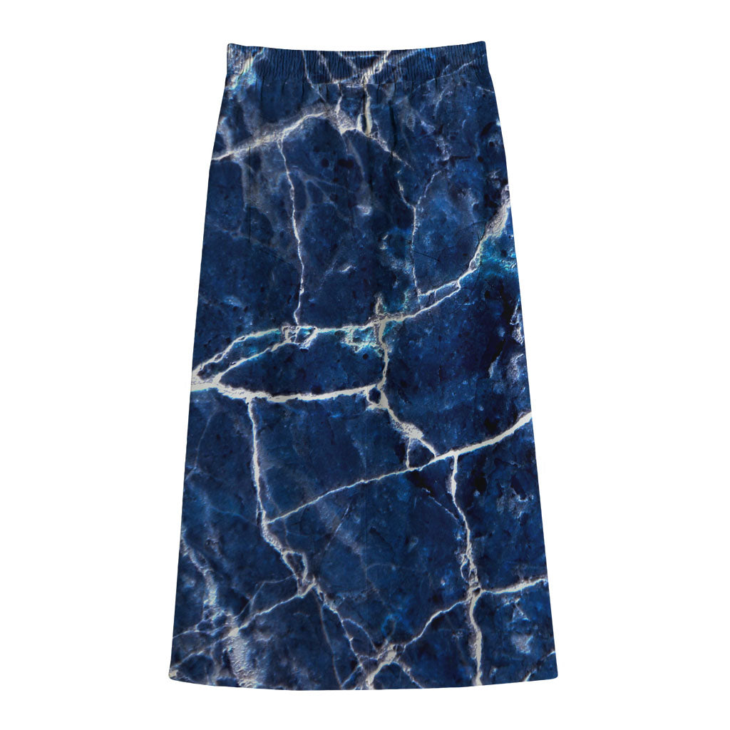 Blue White Marble Print Cotton Front Slit Maxi Skirt