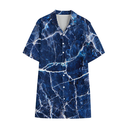 Blue White Marble Print Cotton Hawaiian Shirt