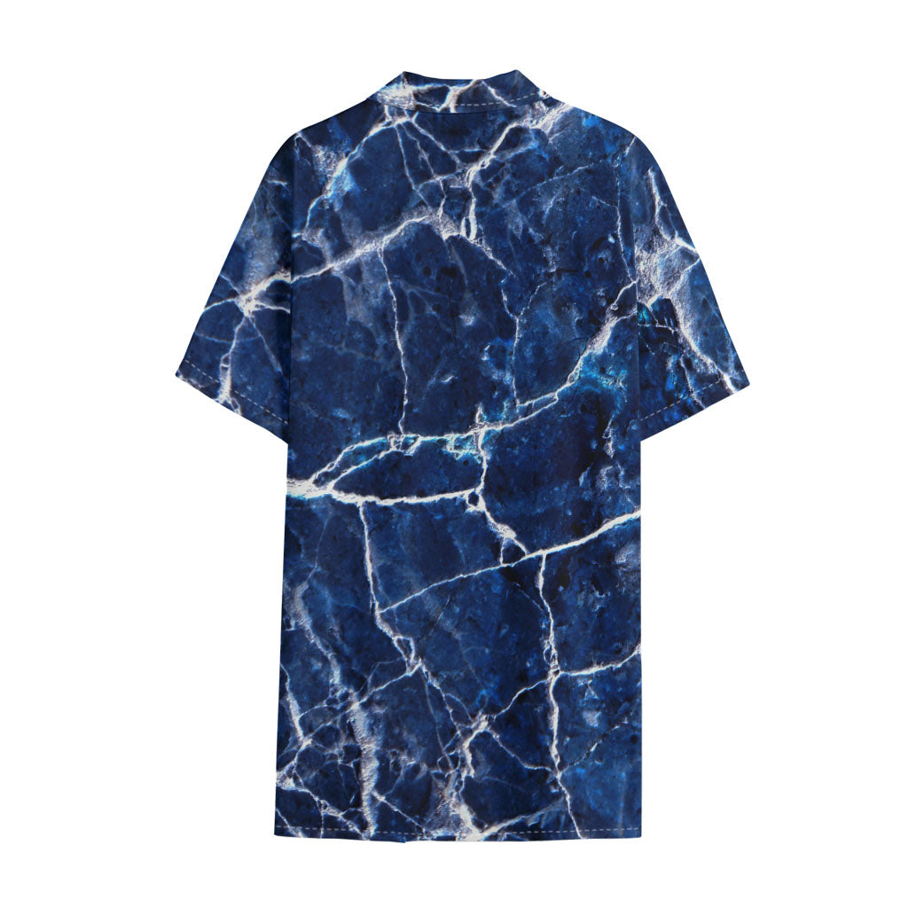 Blue White Marble Print Cotton Hawaiian Shirt