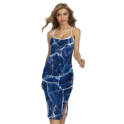 Blue White Marble Print Cross Back Cami Dress