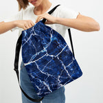 Blue White Marble Print Drawstring Backpack