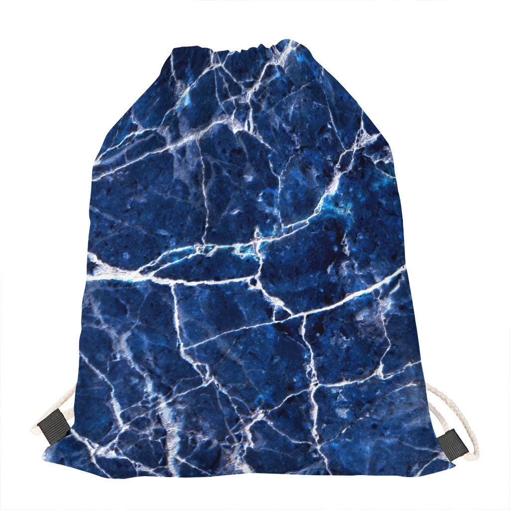 Blue White Marble Print Drawstring Bag