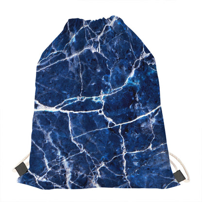 Blue White Marble Print Drawstring Bag