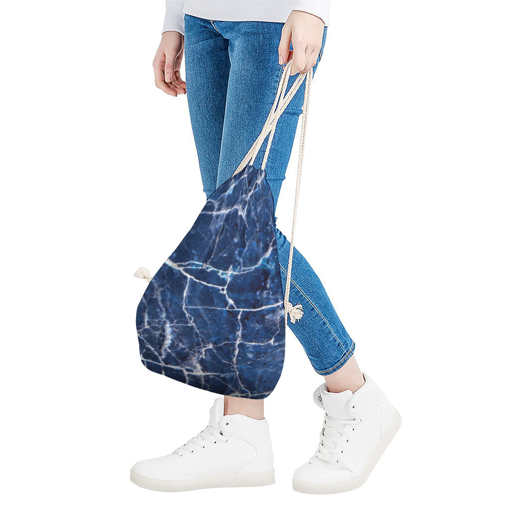 Blue White Marble Print Drawstring Bag
