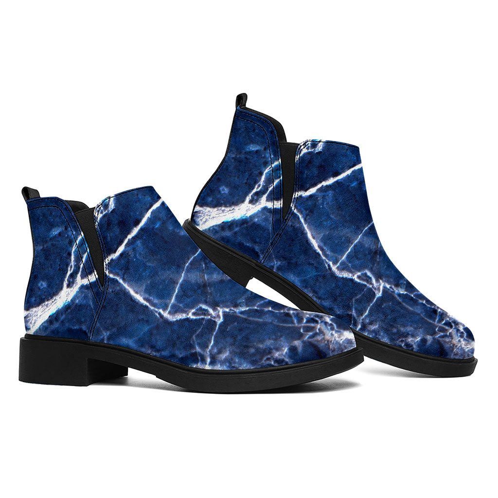 Blue White Marble Print Flat Ankle Boots