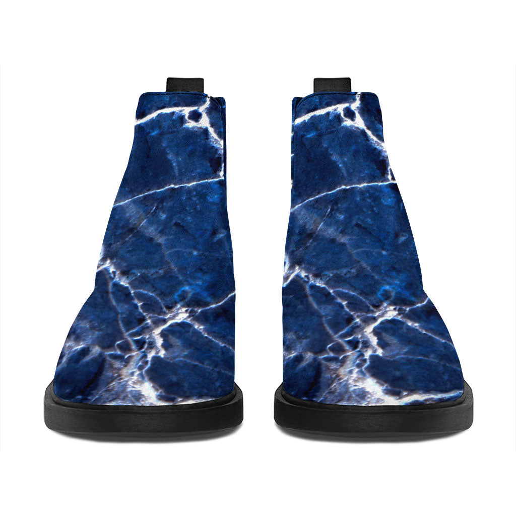Blue White Marble Print Flat Ankle Boots