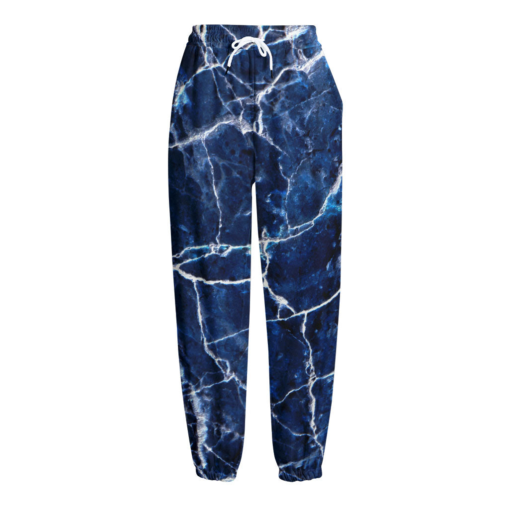 Blue White Marble Print Fleece Lined Knit Pants