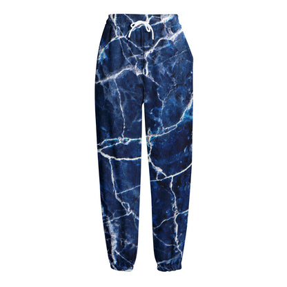 Blue White Marble Print Fleece Lined Knit Pants