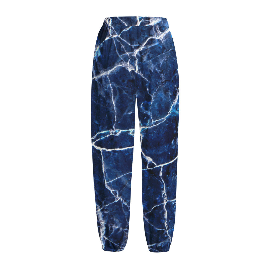 Blue White Marble Print Fleece Lined Knit Pants