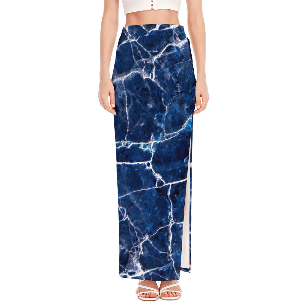 Blue White Marble Print High Slit Maxi Skirt