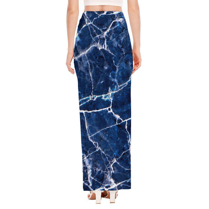 Blue White Marble Print High Slit Maxi Skirt