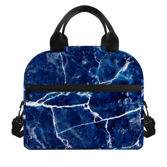 Blue White Marble Print Insulated Lunch Bag