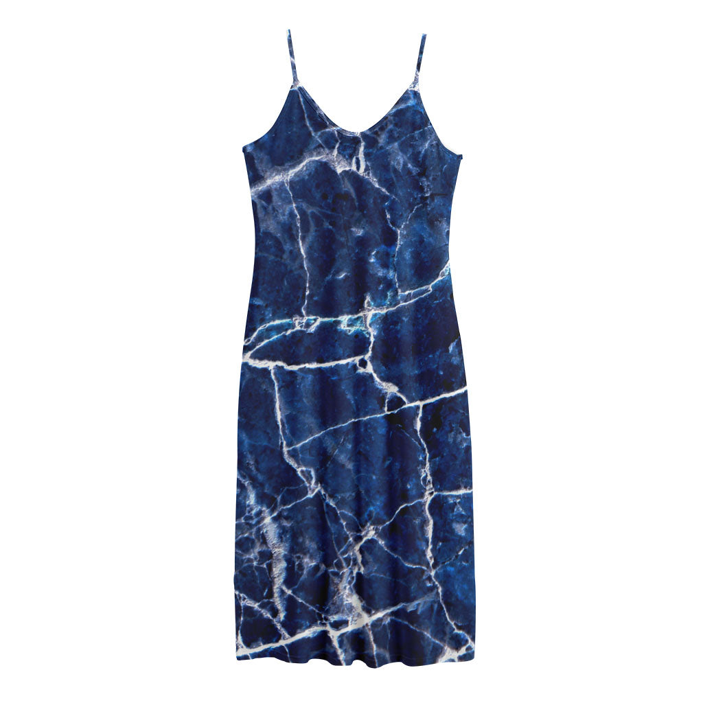 Blue White Marble Print Jersey Midi Cami Dress