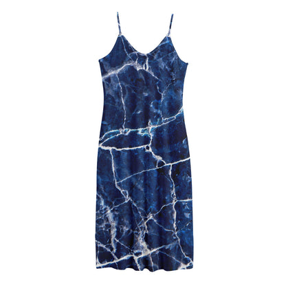 Blue White Marble Print Jersey Midi Cami Dress