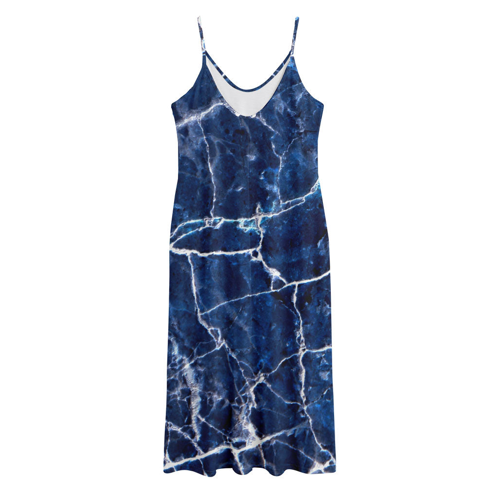 Blue White Marble Print Jersey Midi Cami Dress