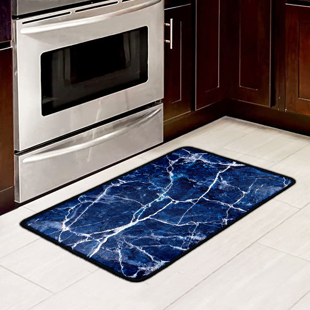 Blue White Marble Print Kitchen Mat