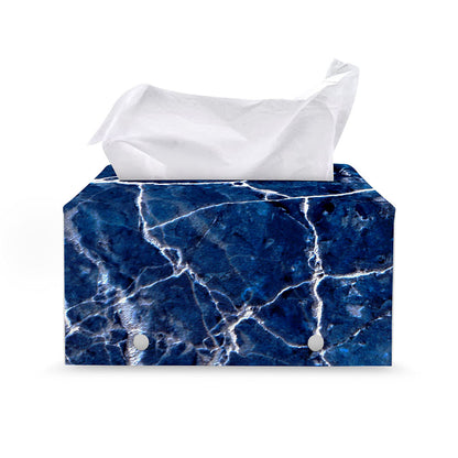 Blue White Marble Print Leather Tissue Box Cover