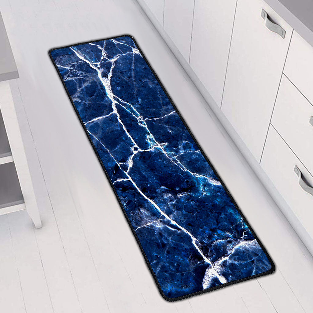 Blue White Marble Print Long Kitchen Mat
