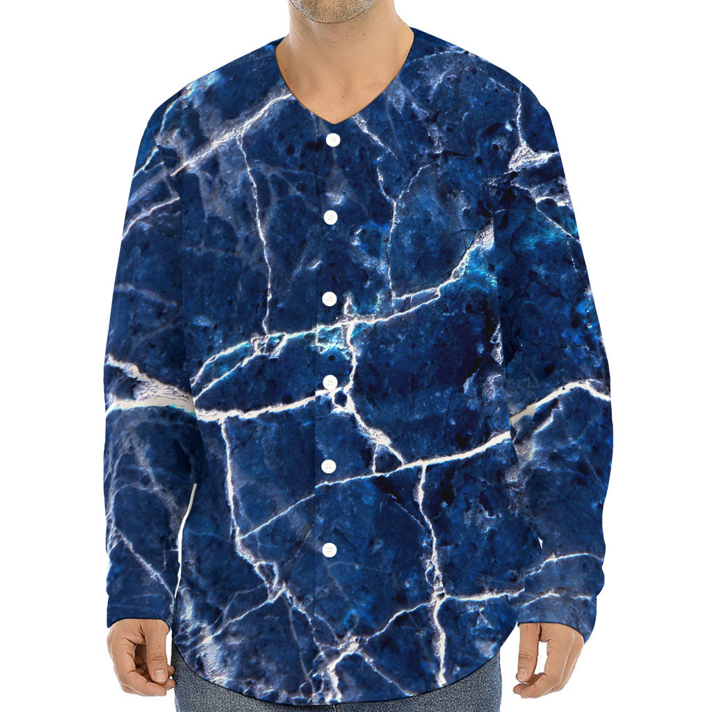 Blue White Marble Print Long Sleeve Baseball Jersey