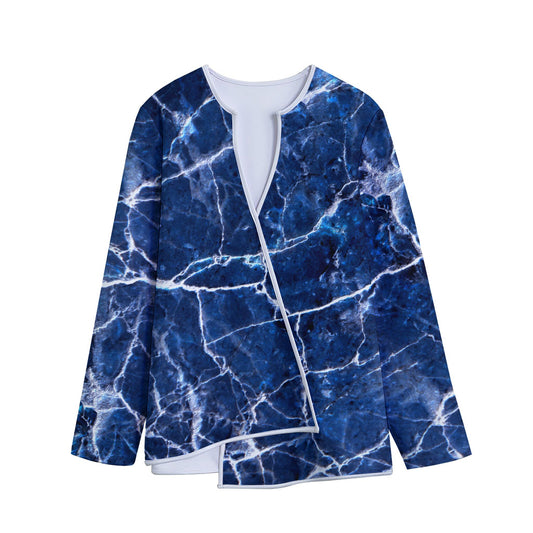 Blue White Marble Print Long Sleeve Short Coat