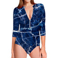 Blue White Marble Print Long Sleeve Swimsuit