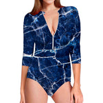 Blue White Marble Print Long Sleeve Swimsuit