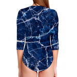 Blue White Marble Print Long Sleeve Swimsuit