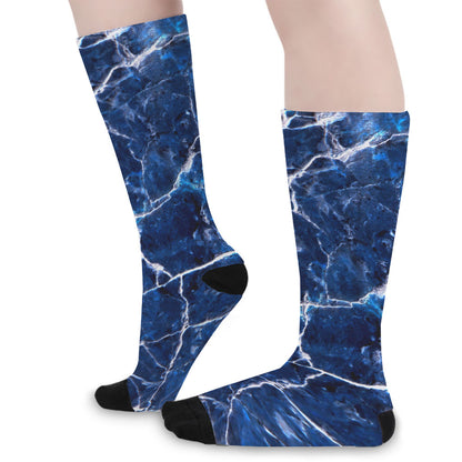 Blue White Marble Print Long Socks