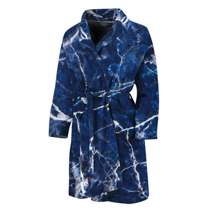 Blue White Marble Print Men's Bathrobe