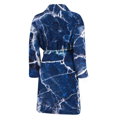 Blue White Marble Print Men's Bathrobe