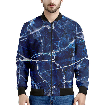 Blue White Marble Print Men's Bomber Jacket