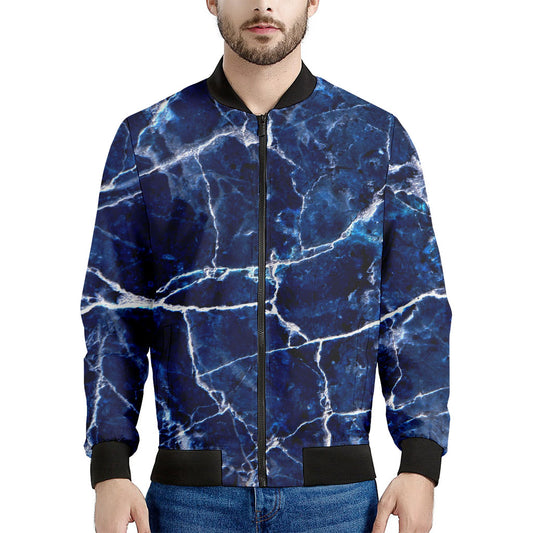 Blue White Marble Print Men's Bomber Jacket