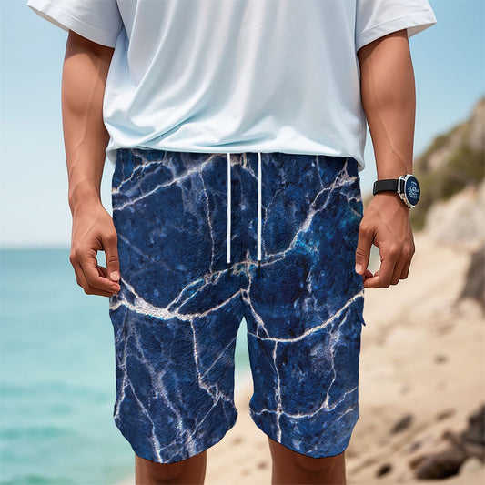 Blue White Marble Print Men's Cargo Shorts