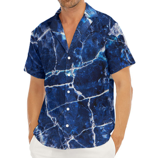 Blue White Marble Print Men's Deep V-Neck Shirt