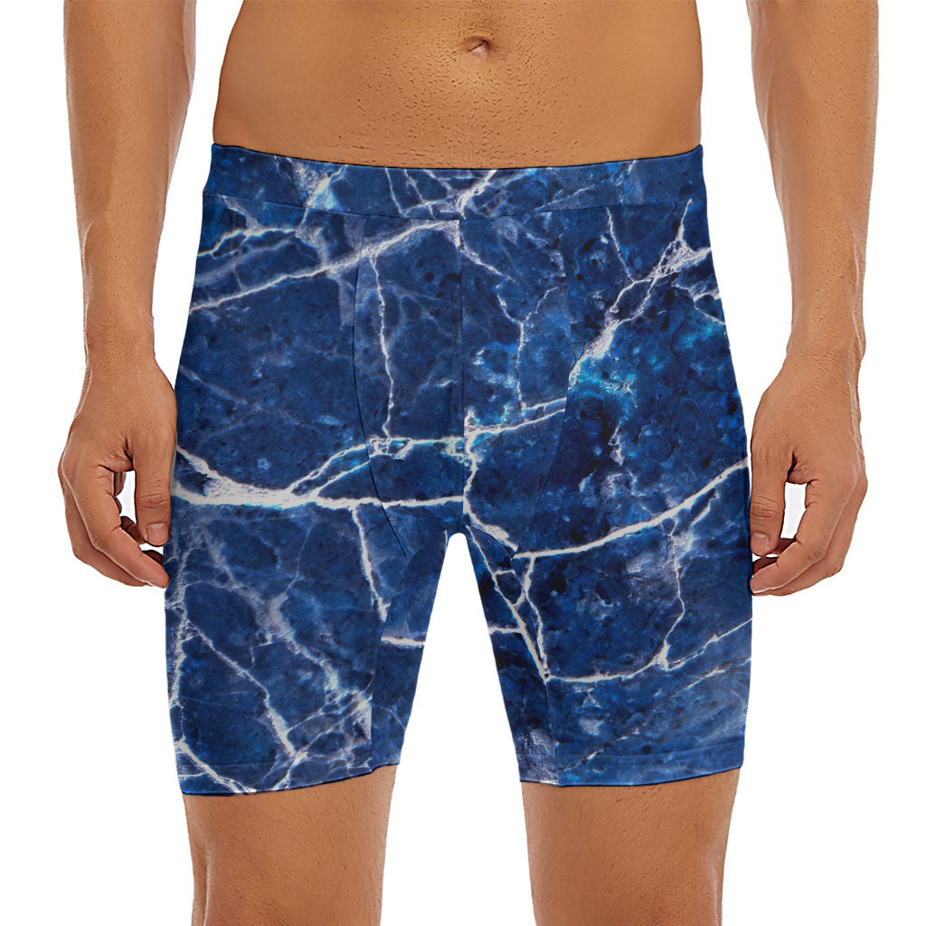 Blue White Marble Print Men's Long Boxer Briefs