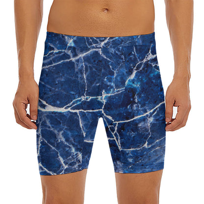 Blue White Marble Print Men's Long Boxer Briefs