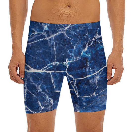 Blue White Marble Print Men's Long Boxer Briefs