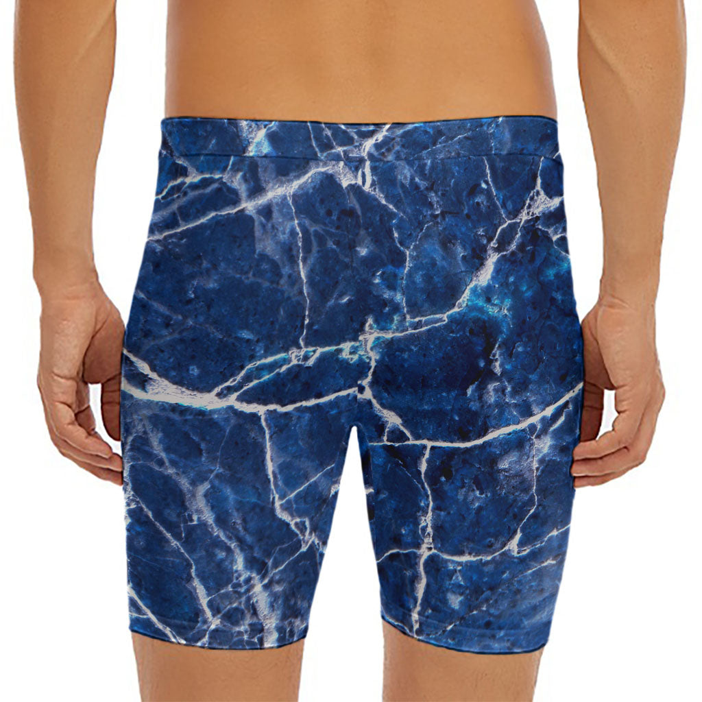 Blue White Marble Print Men's Long Boxer Briefs
