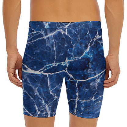 Blue White Marble Print Men's Long Boxer Briefs