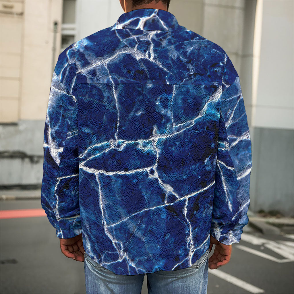 Blue White Marble Print Men's Shirt Jacket