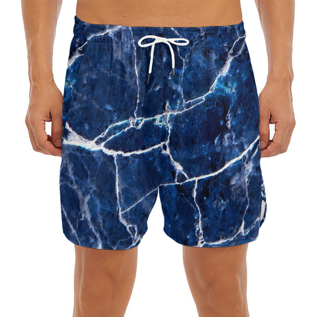 Blue White Marble Print Men's Split Running Shorts