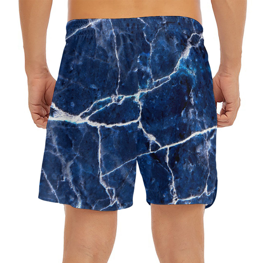 Blue White Marble Print Men's Split Running Shorts