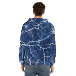 Blue White Marble Print Men's Velvet Pullover Hoodie