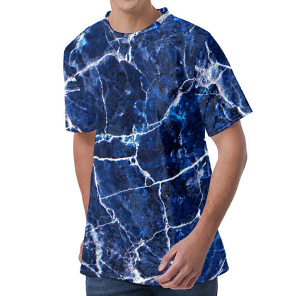 Blue White Marble Print Men's Velvet T-Shirt